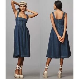 New Reformation Tagliatelle Denim Midi Dress Fit & Flare Ellis Women's Size 6